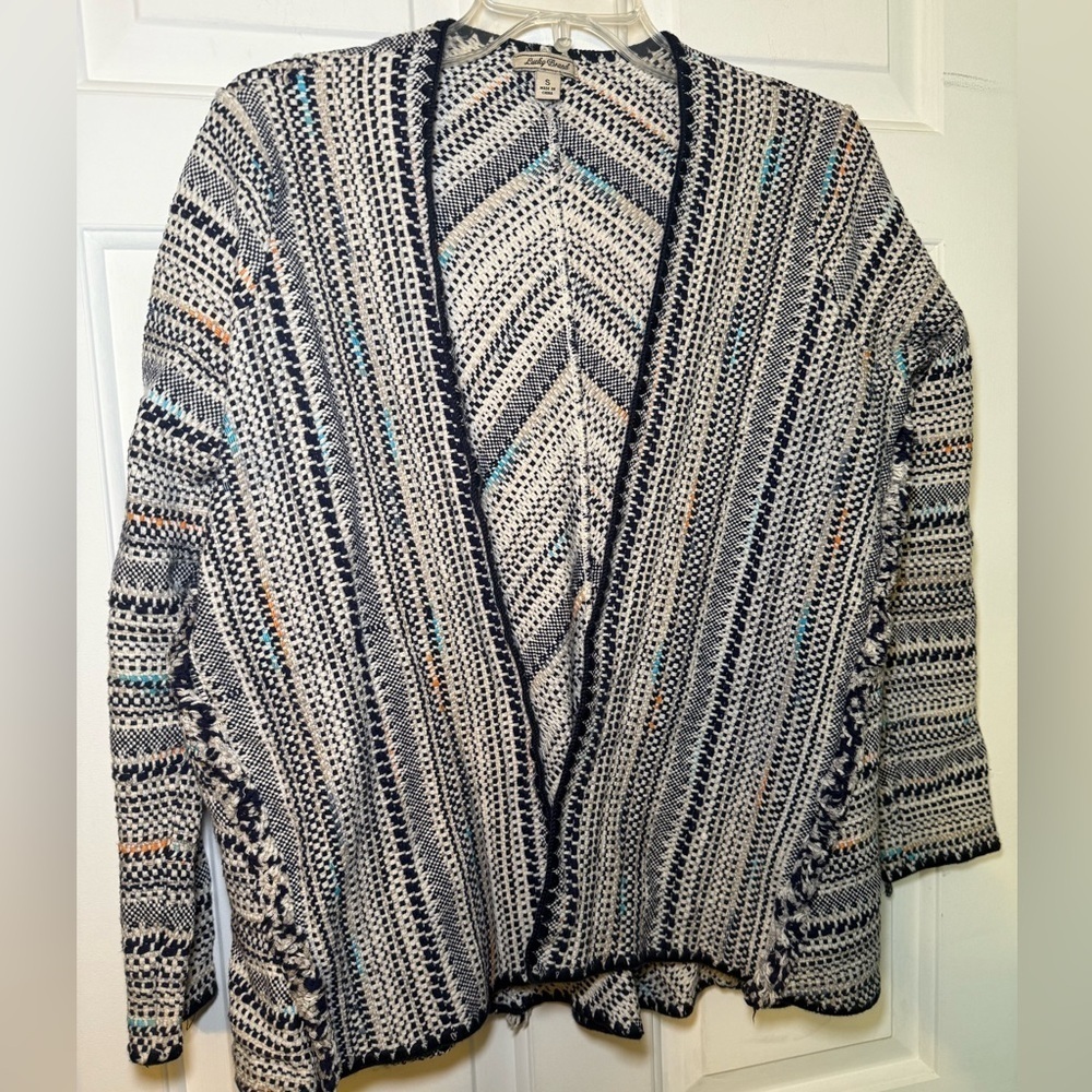 Lucky Brand Woman’s Pottery Open Cardigan Multicolor Stripe Small Fringe Boho